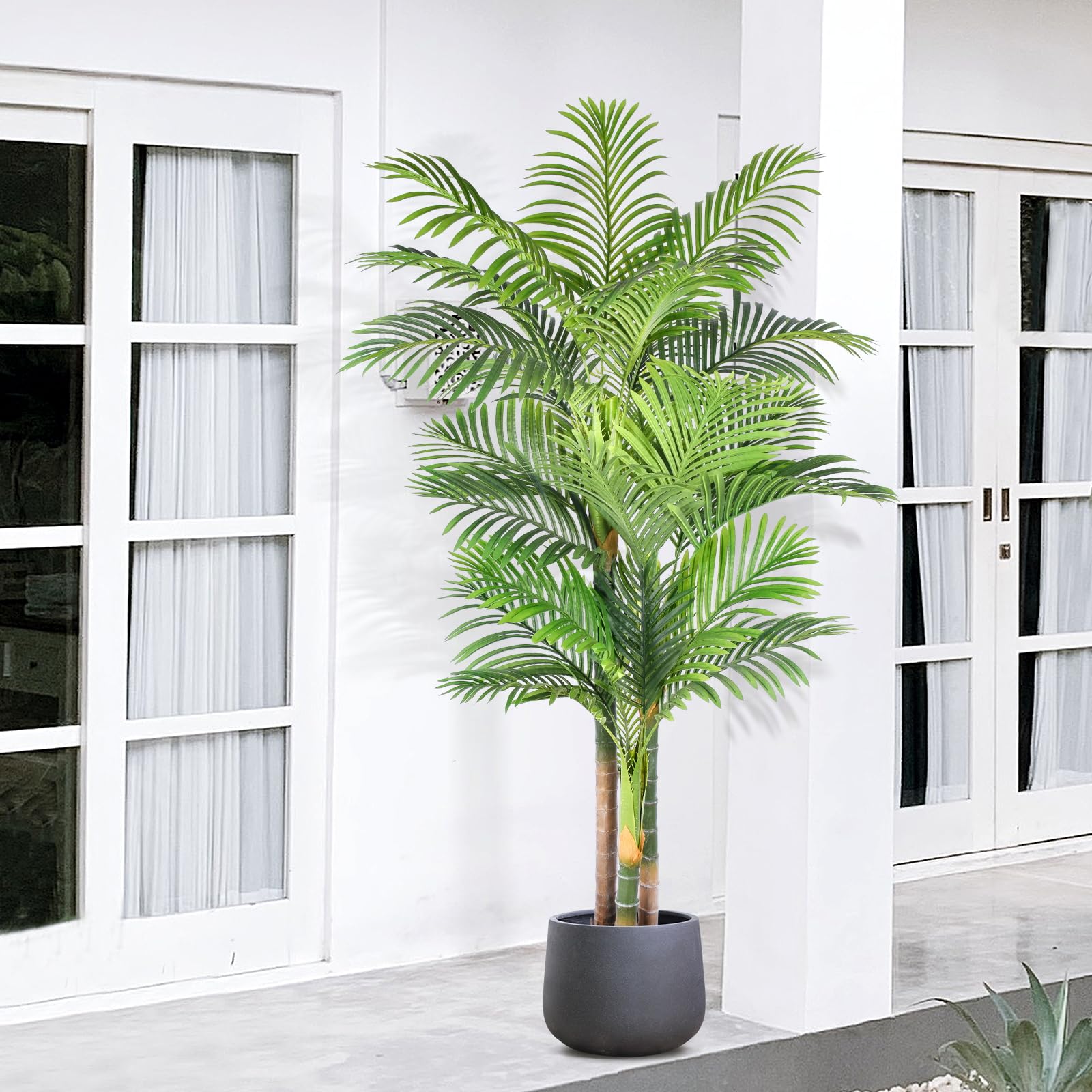 cane palm plant 6ft Tall Triple Golden Cane Palm Artificial Tree, Large Tropical Palm Tree UV Resistant Fake Plant in Pot, 1Pack